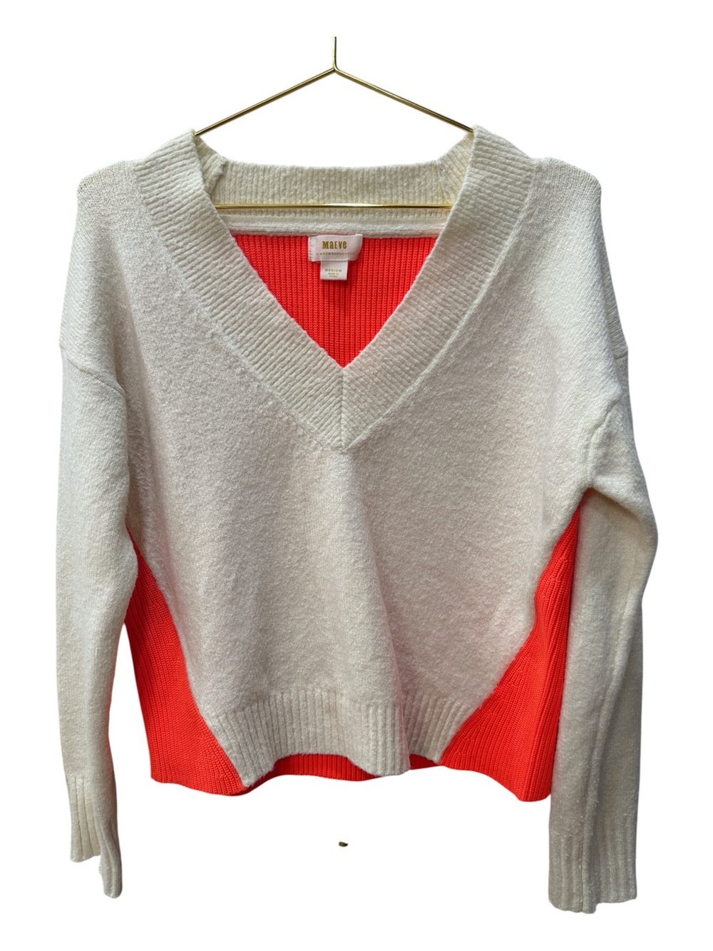 Title:Maeve by Anthropologie Orange Cream Colorblock V-Neck Knit Sweater Medium